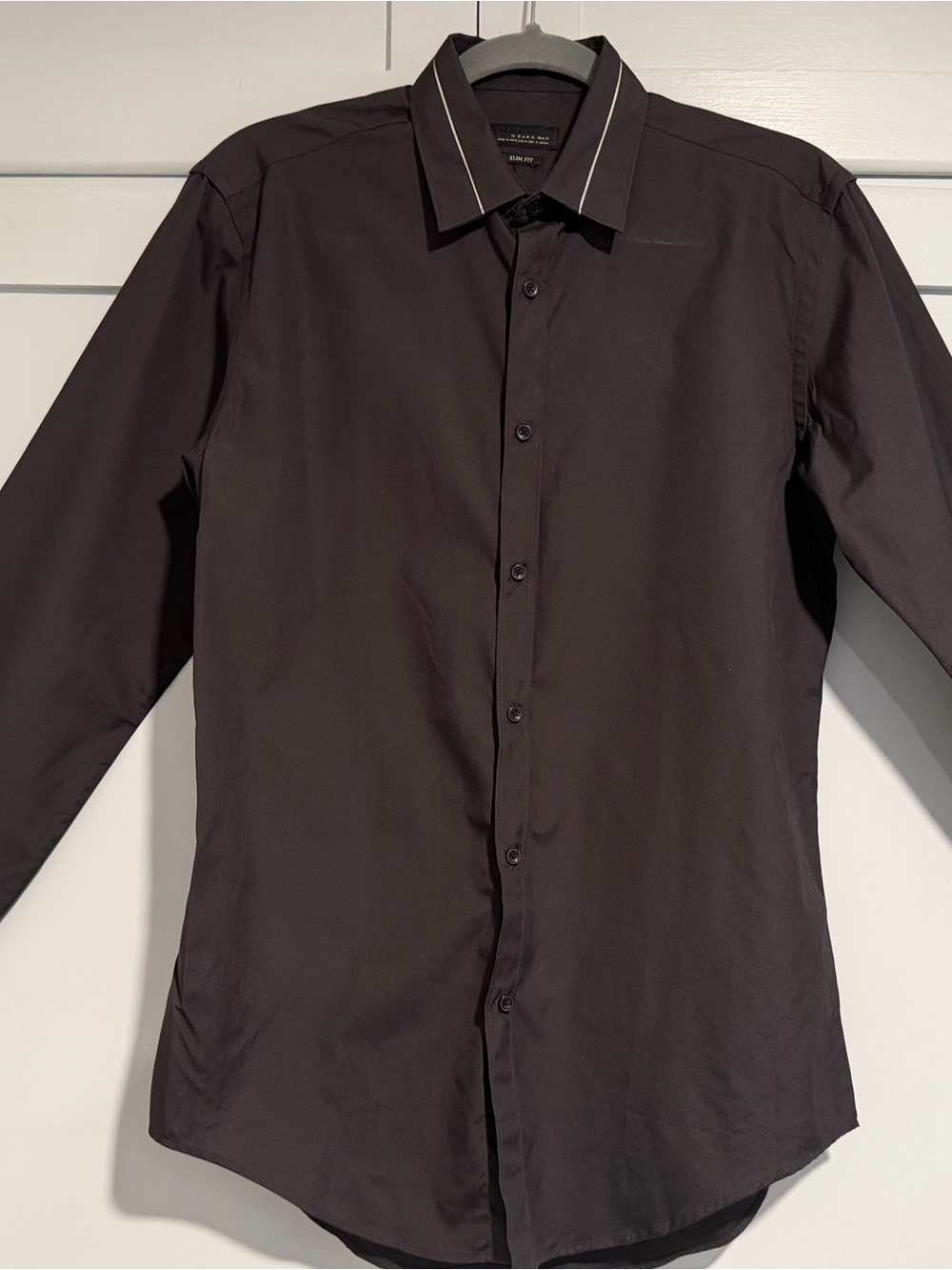 Zara Black Slim Fit Long Sleeve Dress Shirt with Thin Silver Collar Piping, S M